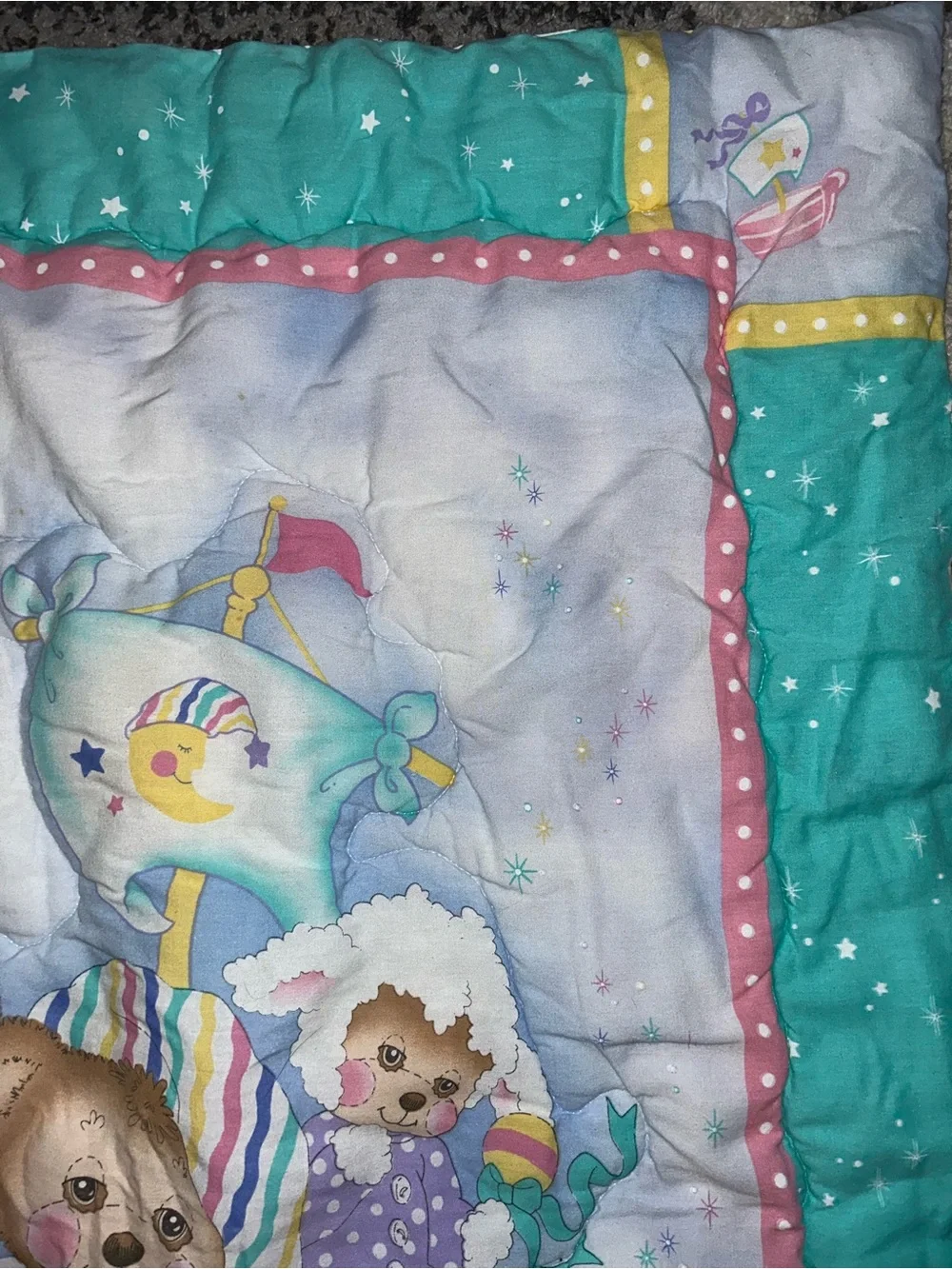 Vintage Riegel Teddy Beddy Bear quilt blanket comforter 80’s moon boat lamb bun